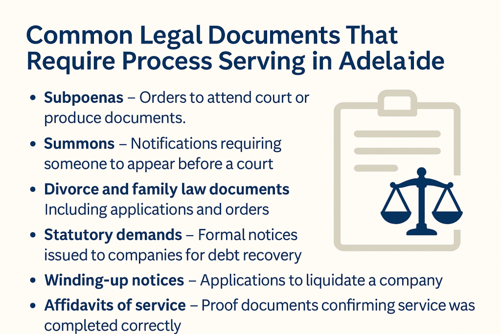 An image displaying some of the common documents that are serverd by a process server